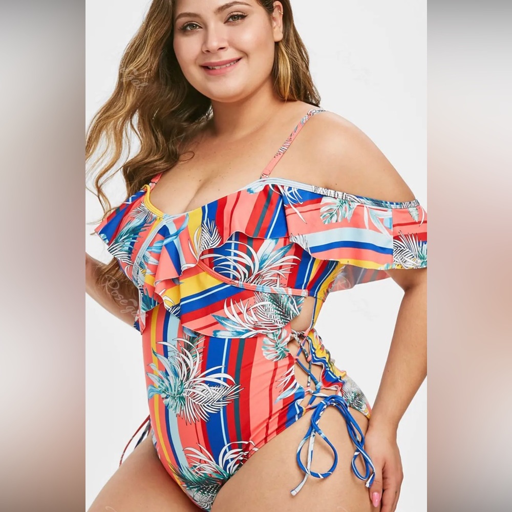 XOXO One Piece Swimsuit Coral Pink Stripe w/Palms Sz 2X - Picture 3 of 12